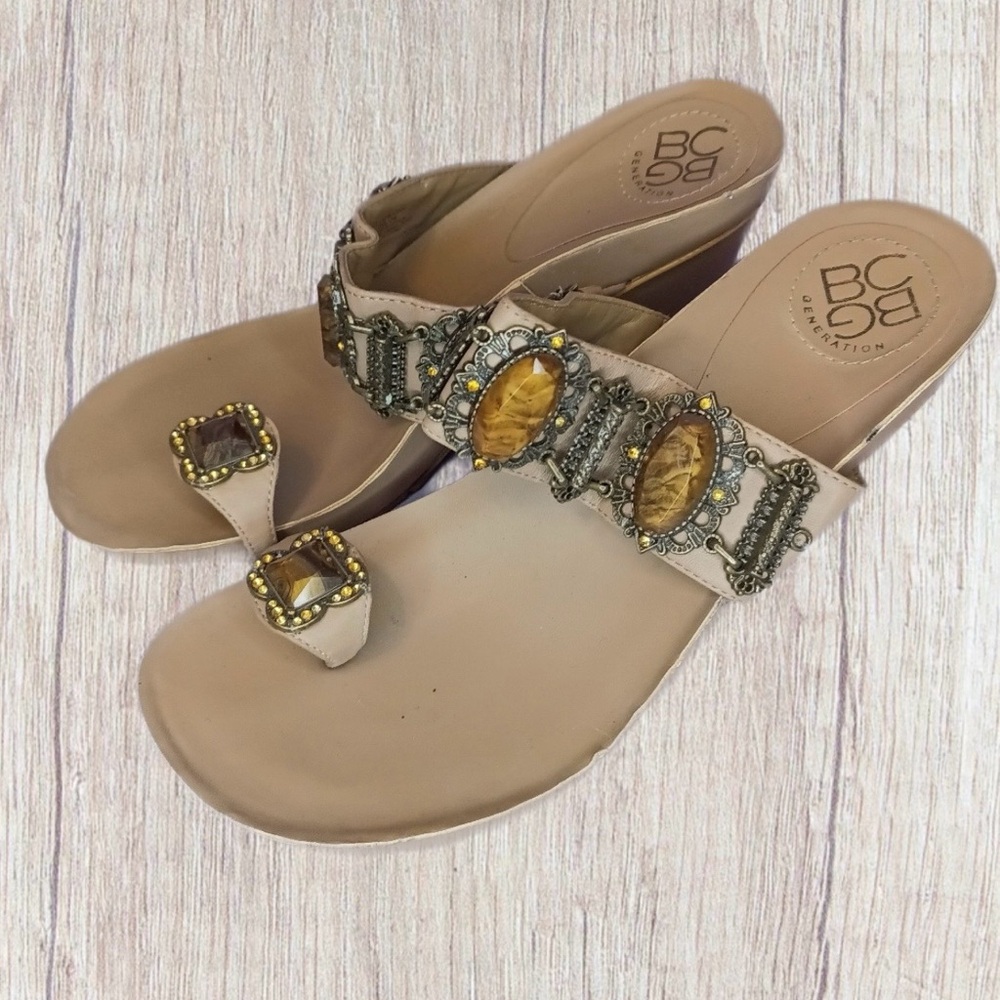BCBGeneration Beige Jeweled Wedge Sandals